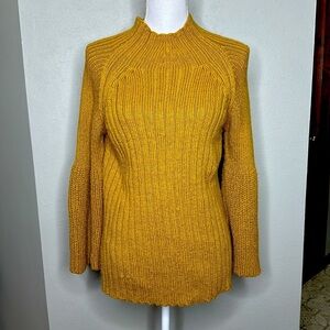 FREE PEOPLE Anthropologie Mock Neck Gold Knit Sweater with Bell Sleeves. Size XS